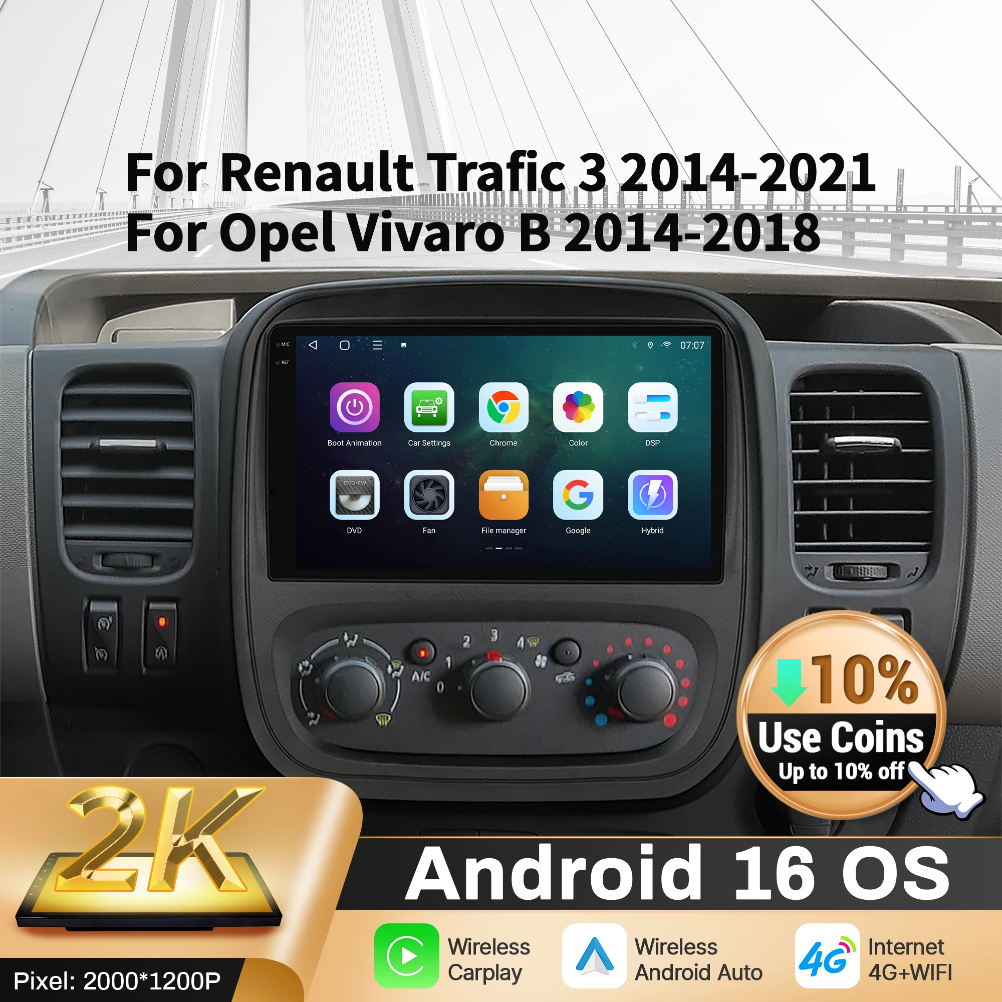 9 "rádio do carro para renault trafic 3 2014-2021 opel vivaro b 2014-2018 bt carplay android 16 navegação multimídia 2k tela qled
