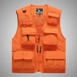 Summer V-neck Men Tactical Utility Vest Orange Safety Vest Outdoor Sleeveless Hunting Fishing Vest Male Casual Sportswear 7xl