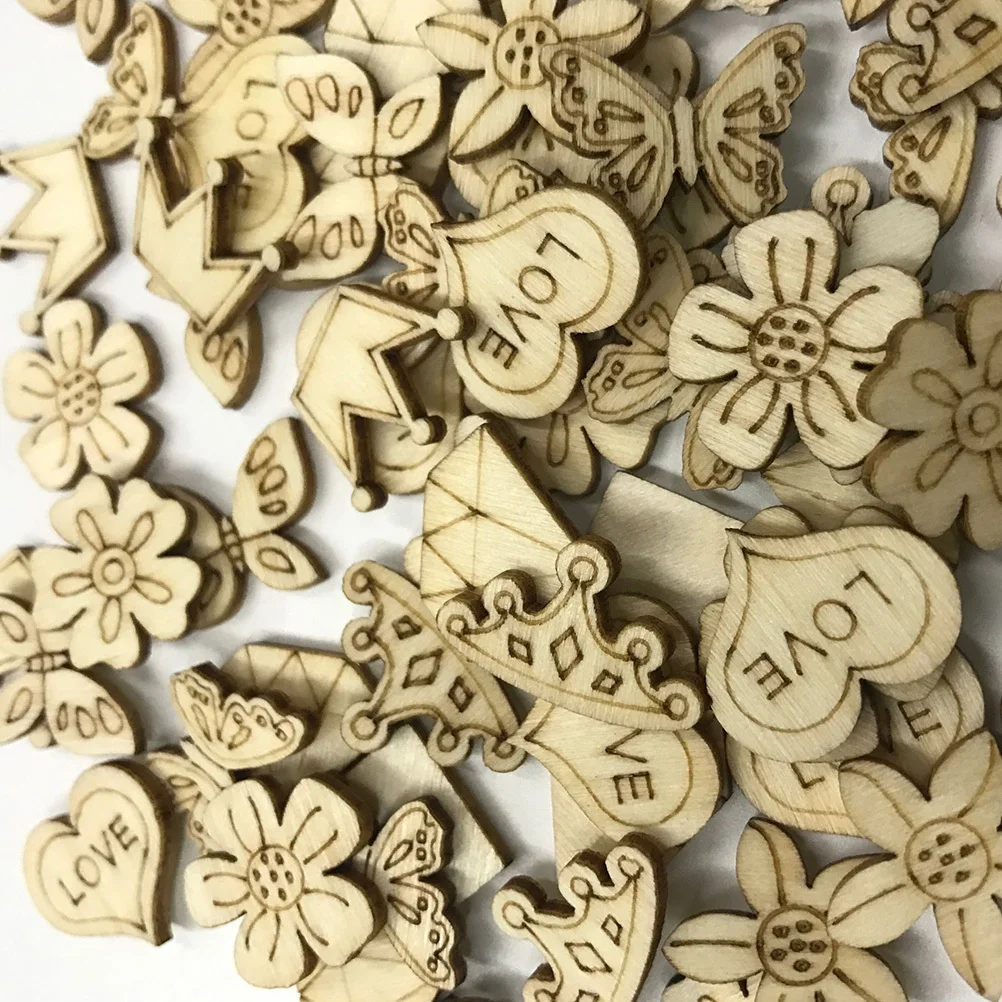 

200Pcs Assorted Wooden Slices Crown Flower Heart Shapes Pieces DIY Crafts Wood Ornaments Cutouts Decoration Material