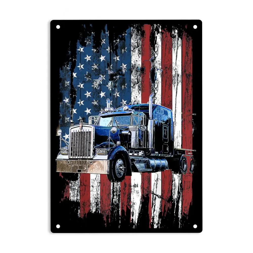 Dtsnjsdwk Trucker American Flag Truck Driver Sign Metal Tin Sign, Truck Driver Poster for Home Office Garden Bars Pub Man Cave W