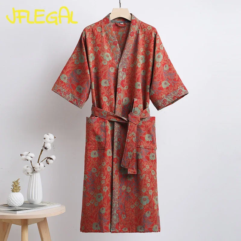 JFLEGAL Pure Cotton Double-layer Gauze Bathrobe Spring Thin Pajamas Home Nightgown Couple Style Quick-drying Bathrobe szlafrok