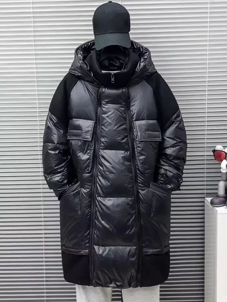 Winter Men Loose Fit Hooded Long Down Jacket Oversized Thick Warm Overcoat Fashion Spliced Multi Pockets Coat Casual Windbreaker