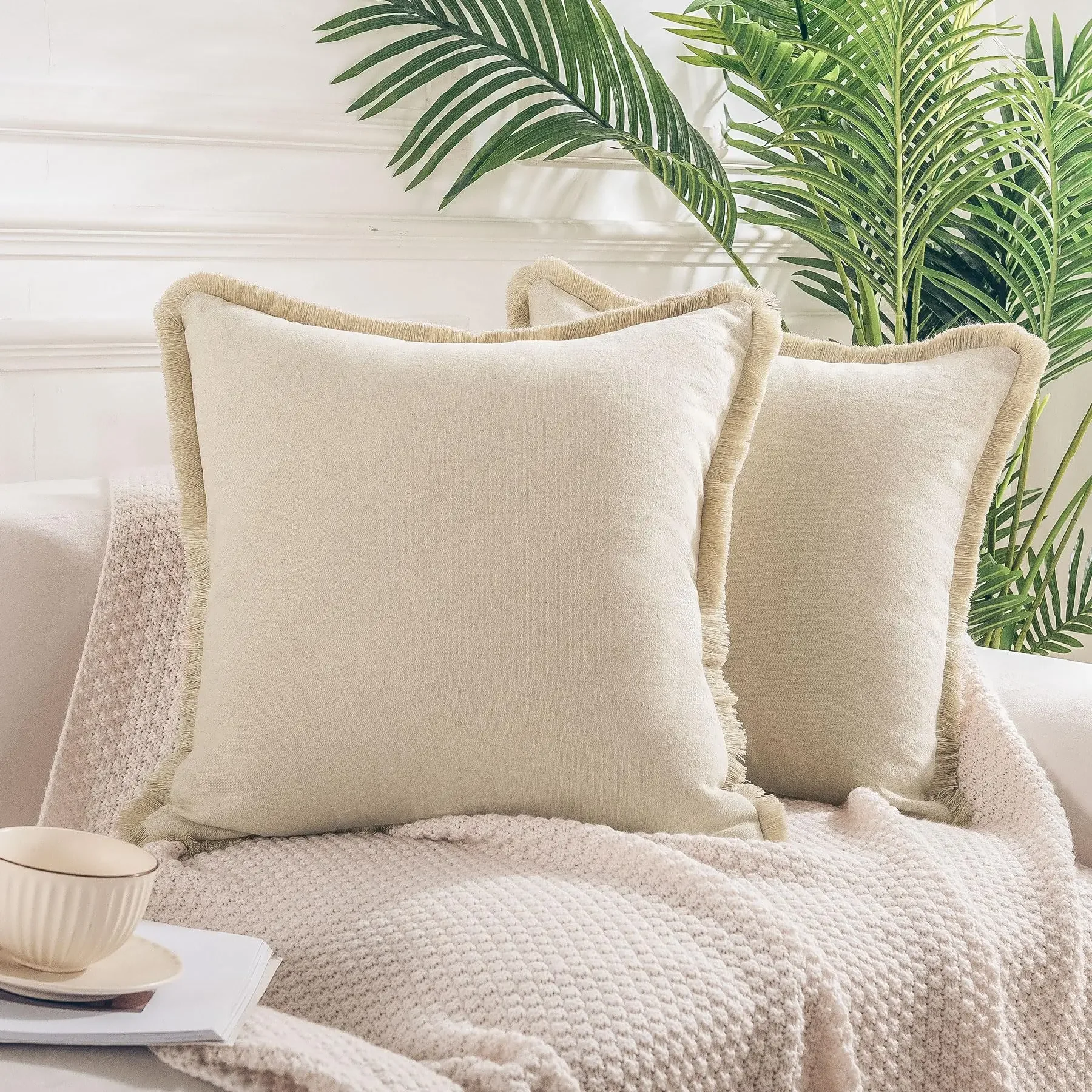 Boho Throw Pillow Covers for Couch Set of 2, Handmade Decorative Linen Pillow Covers Shams for Sofa Cushion Covers,  (NO Insert)