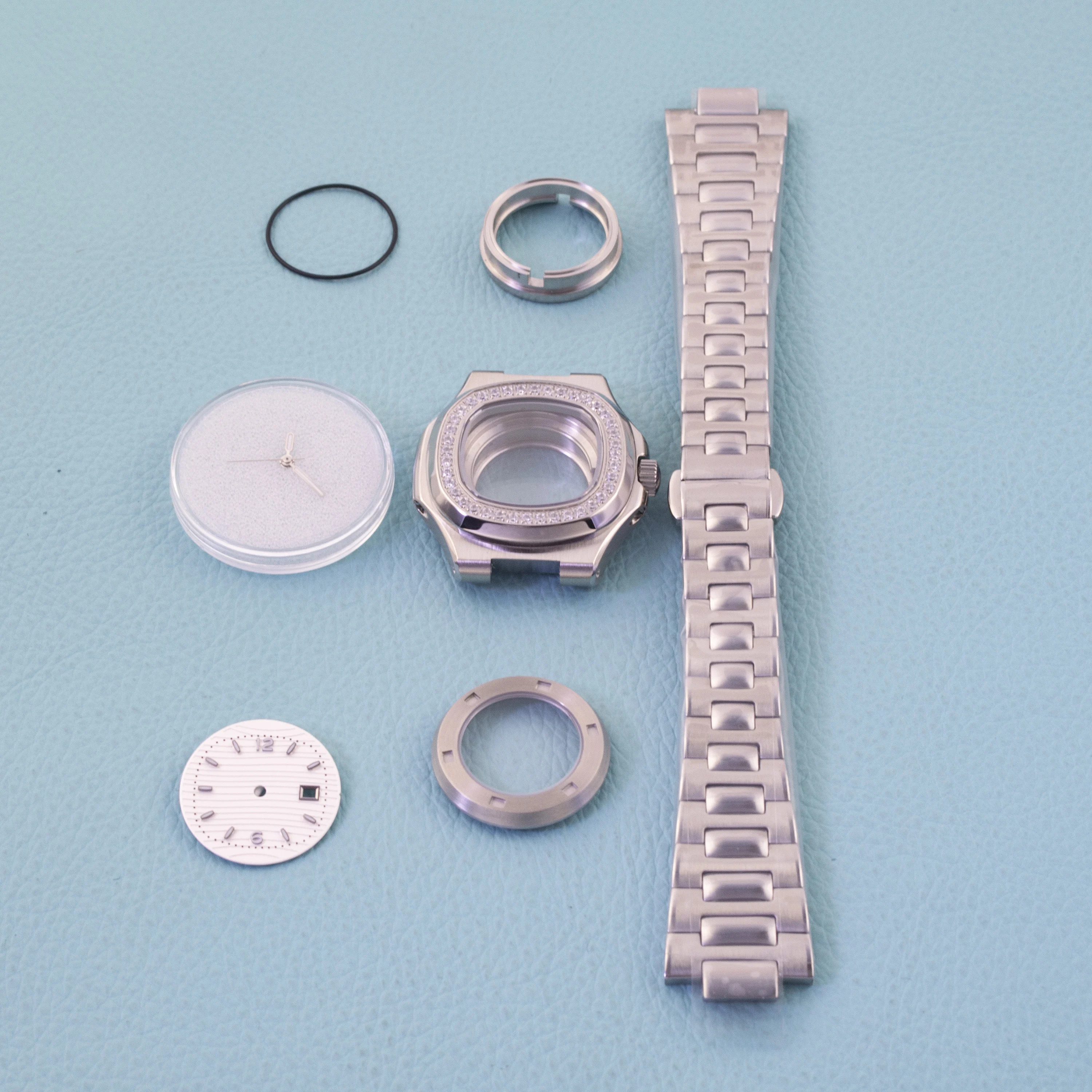 

Diamonds Case Luminous Dial Hands NH05 Watch Case Strap Sapphire Glass Case Stainless Steel for Nautilus NH05 NH06 Movement
