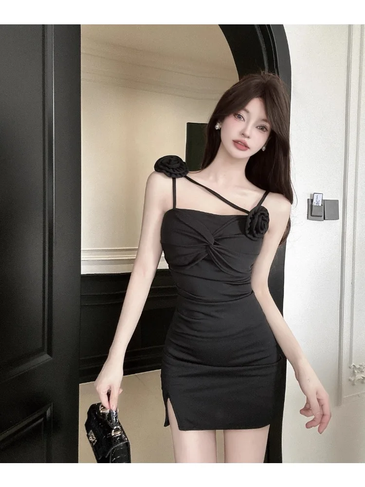 Kimotimo Sexy 3D Flower Spaghetti Strap Bodycon Dress Women Summer Birthday PartyTwist Design Wrapped Short Strapless Dresses