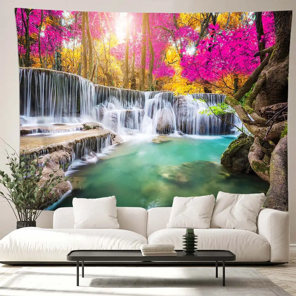 

Beautiful natural forest waterfall landscape printed large wall tapestry sea view hippie tapestry bohemian mandala art tapestry