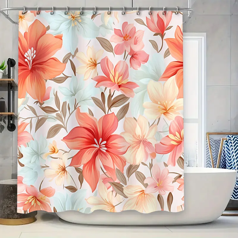 

Розовая занавеска для душа с цветочным принтом, декор для ванной комнаты, водонепроницаемая ткань с крючками для ванны или бассейна