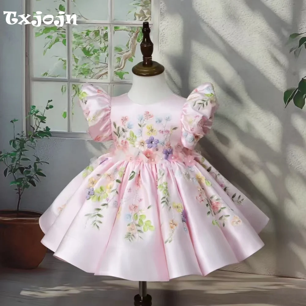 Baby Girl Dress 1-14 Years Old Girl's 3D Flower Satin Princess Dress O-neck Birthday Dress Wedding Dress Flower Girl Show Dress