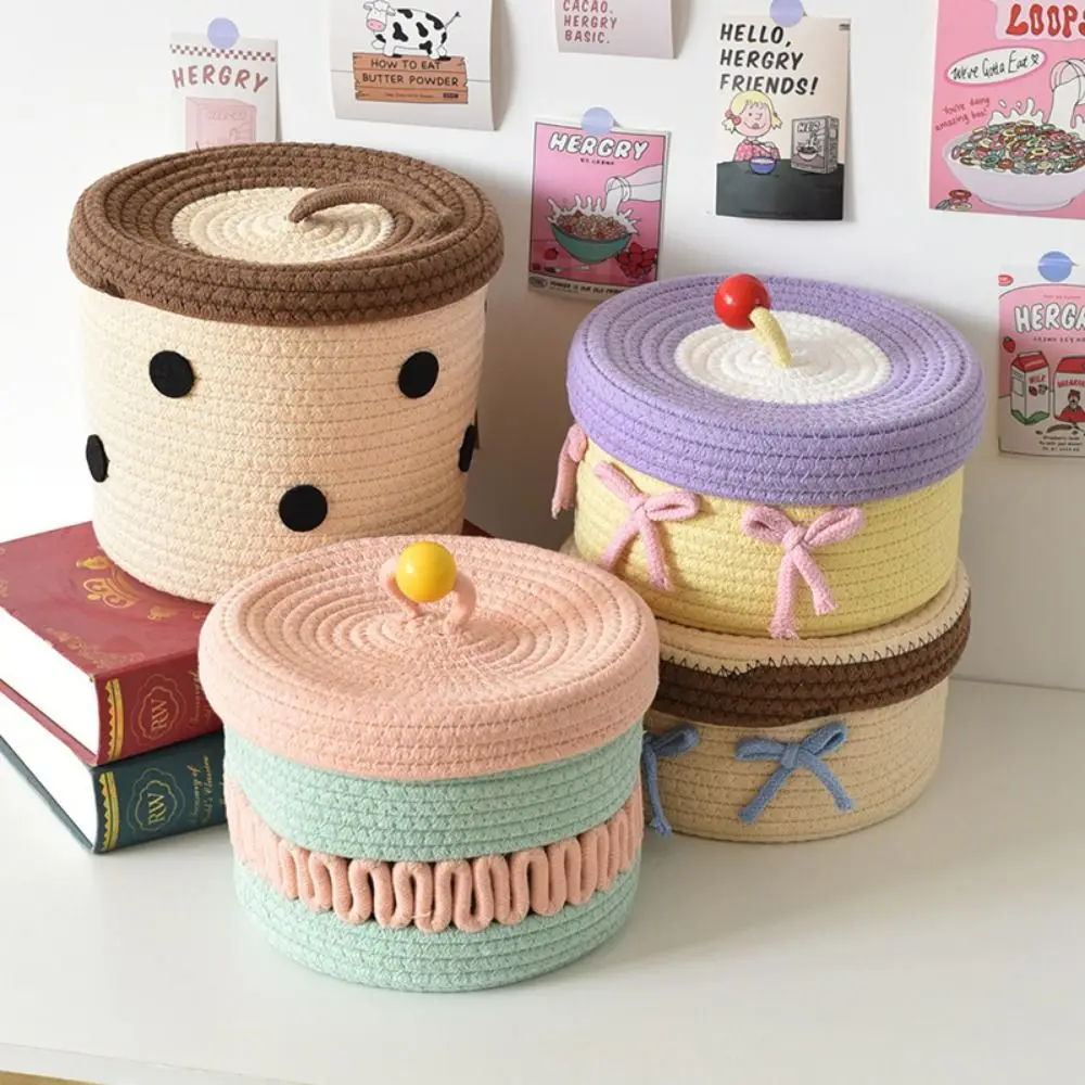 

Cotton Thread Cute Cotton Woven Basket Macaron Color Stackable Ins Desktop Storage Box Space Saving with Cover