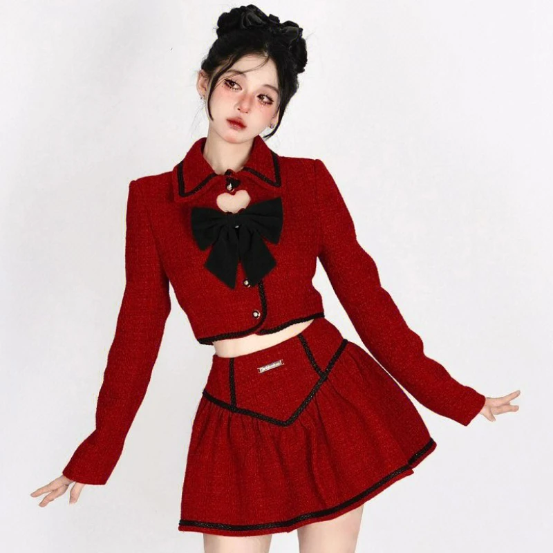 Women Autumn Winter 2 Piece Sets Fashion Elegant Single-breasted Bow Woolen Jackets Mini Skirts Suit Female Slim Red Tweed Set