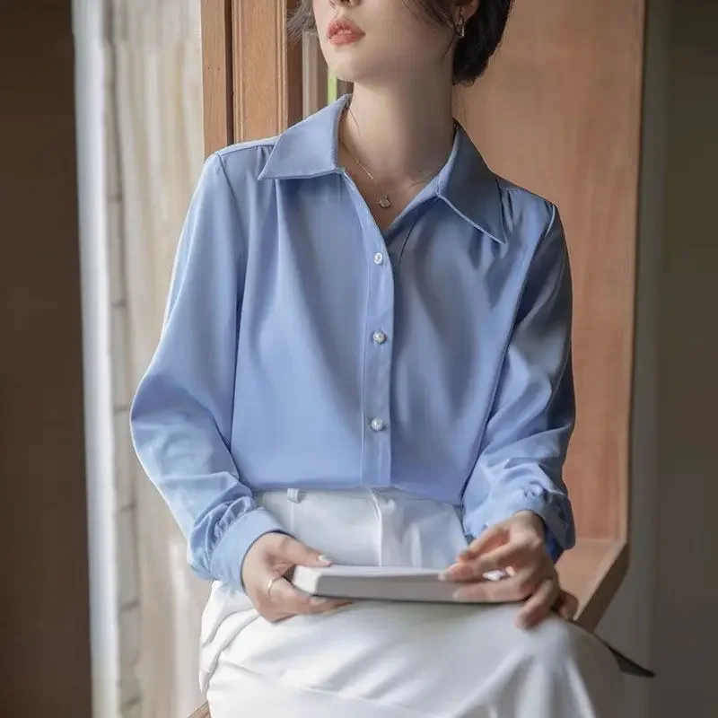 

French v-neck white shirt women's spring and autumn shirt career interview advanced sense anti-wrinkle dress top long sleeve