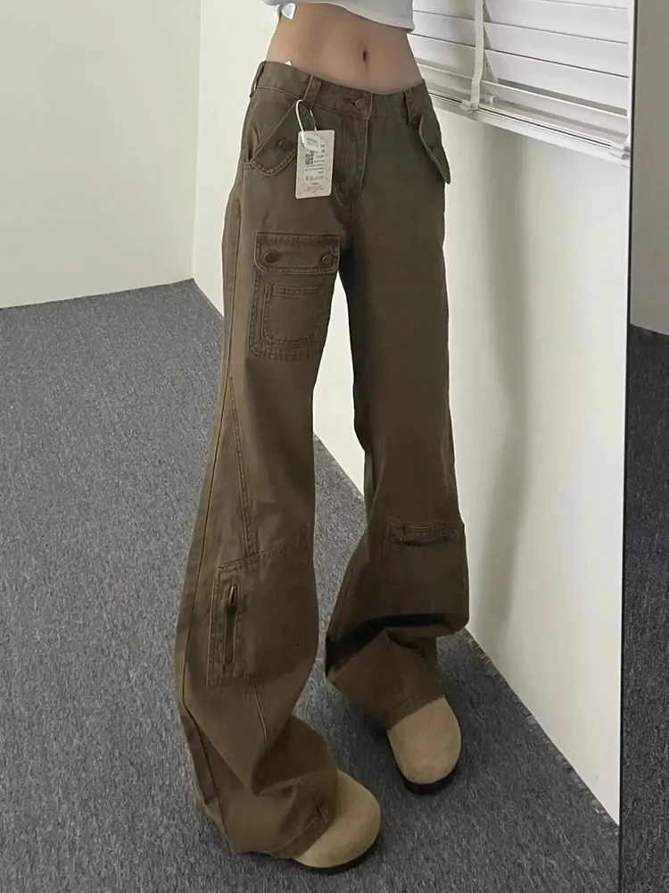 American Streetwear Women Flared Jeans Autumn High Waist Khaki Slim Cargo Trousers Y2K Vintage All Match Denim Pants Female