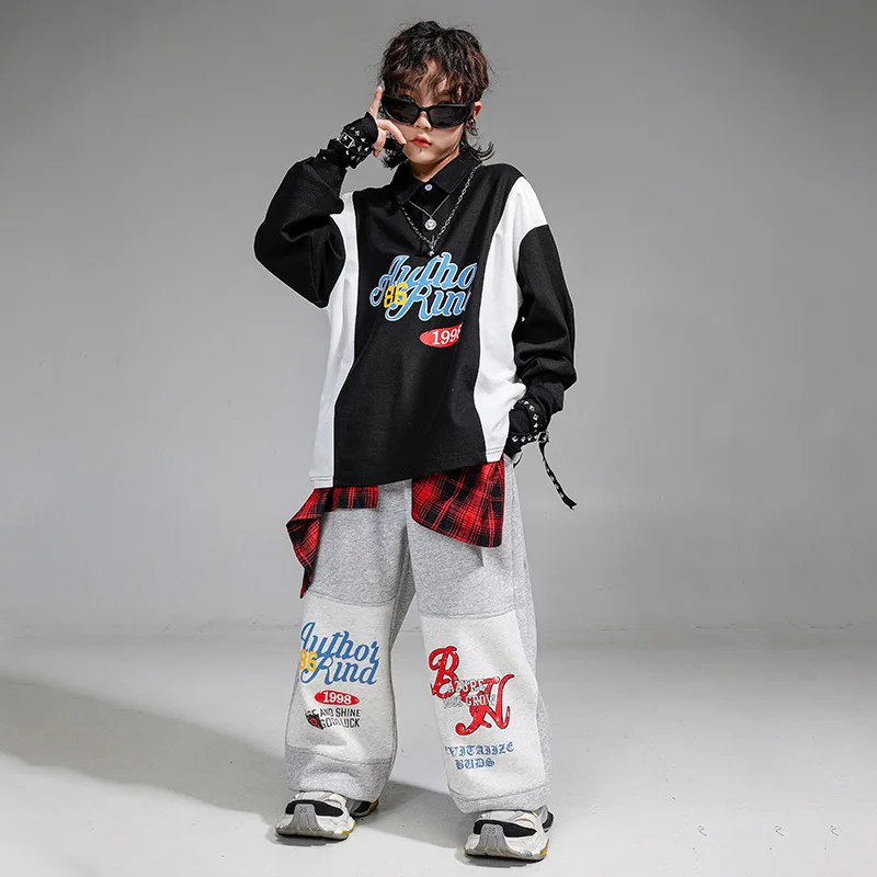 

Kid Hip Hop Clothing Black Polo Neck Sweatshirt Top Gray Casual Sweat Jogger Pants for Girl Boy Jazz Dance Wear Costume Clothes