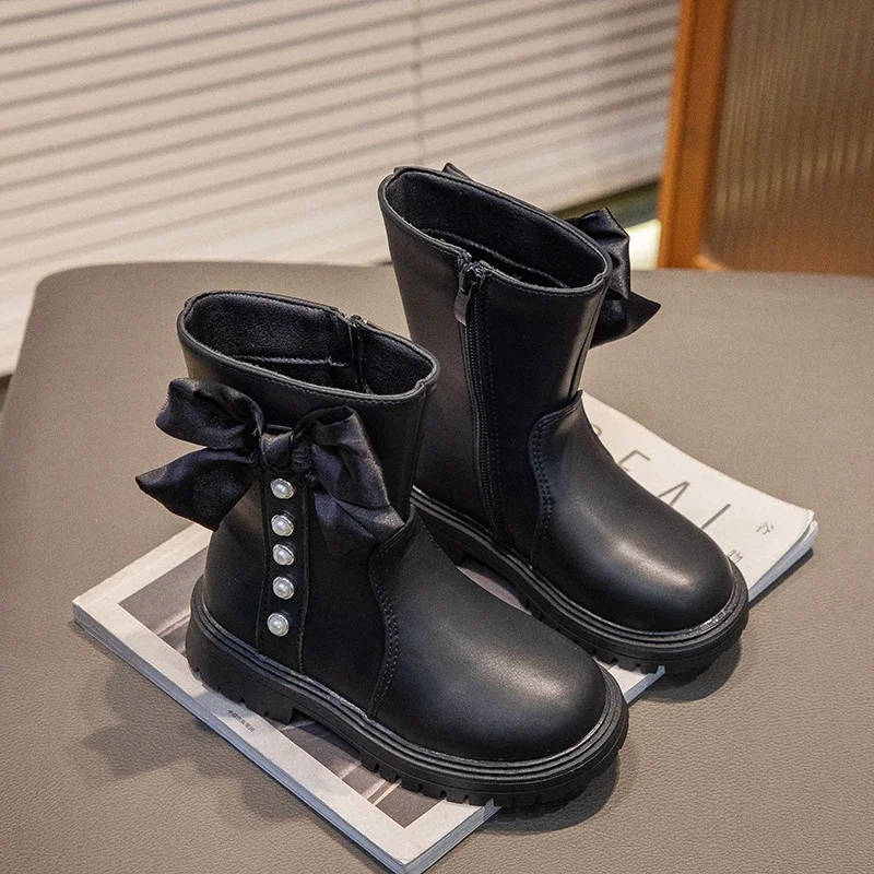 Girls Leather Boots with Pearls Simple Non-slip Children Bow-knot Ankle Boots Elegant Kids Fashion Princess Boots Anti-Slippery