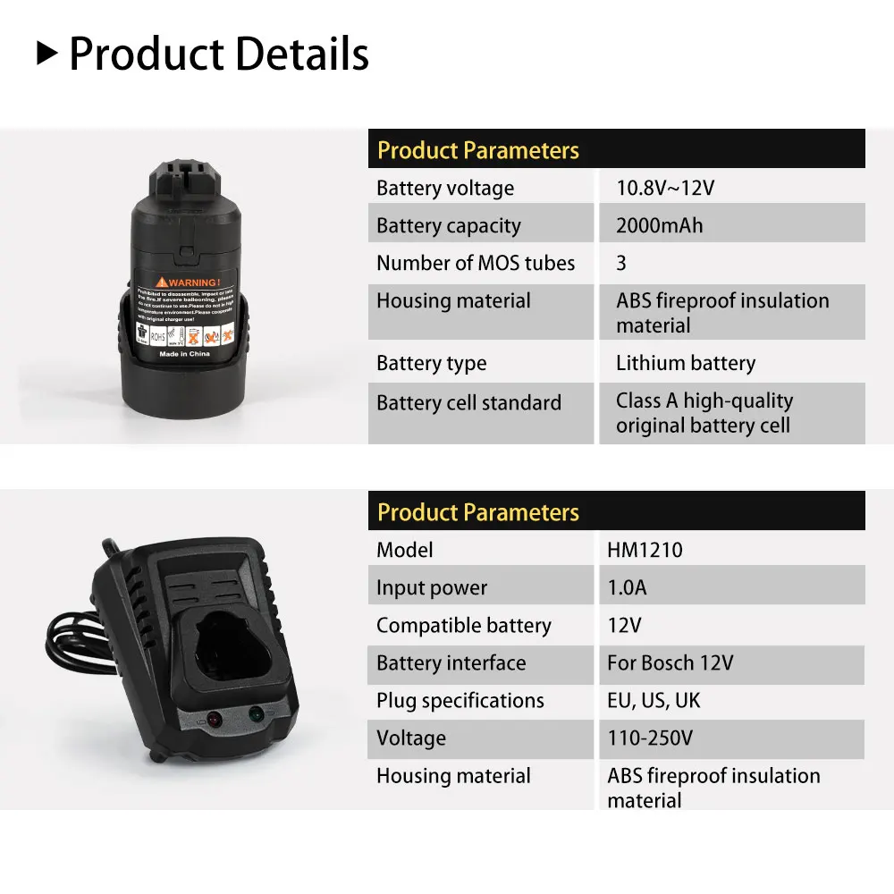 Bateria sem escova SNUOK 12V 2.0Ah suporta substituição de rebarbadoras, chaves de fenda, ferramentas elétricas para baterias de lítio Bosch