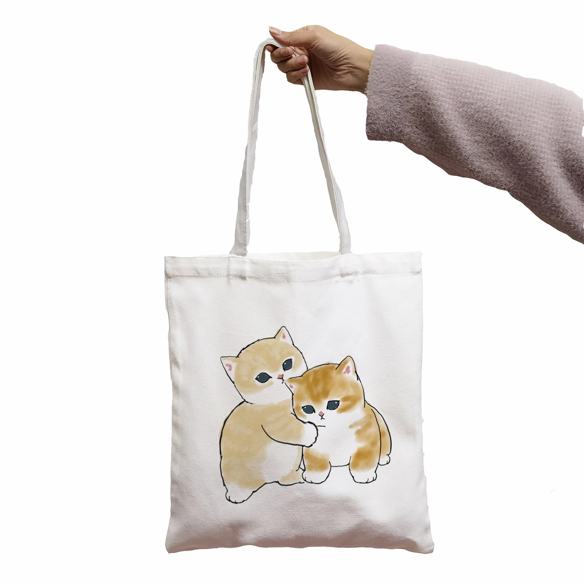 Women Shoulder Canvas Bag Cute Cat Print Female  Reuseable Shopping Totebags Student School Bookbags