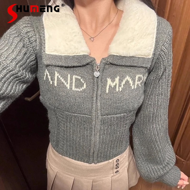 

2025 Spring and Autumn Lady Japanese Style Sweet Knit Short Jacket Girls Women Slim Fit Plush Turndown Collar Knitted Coat