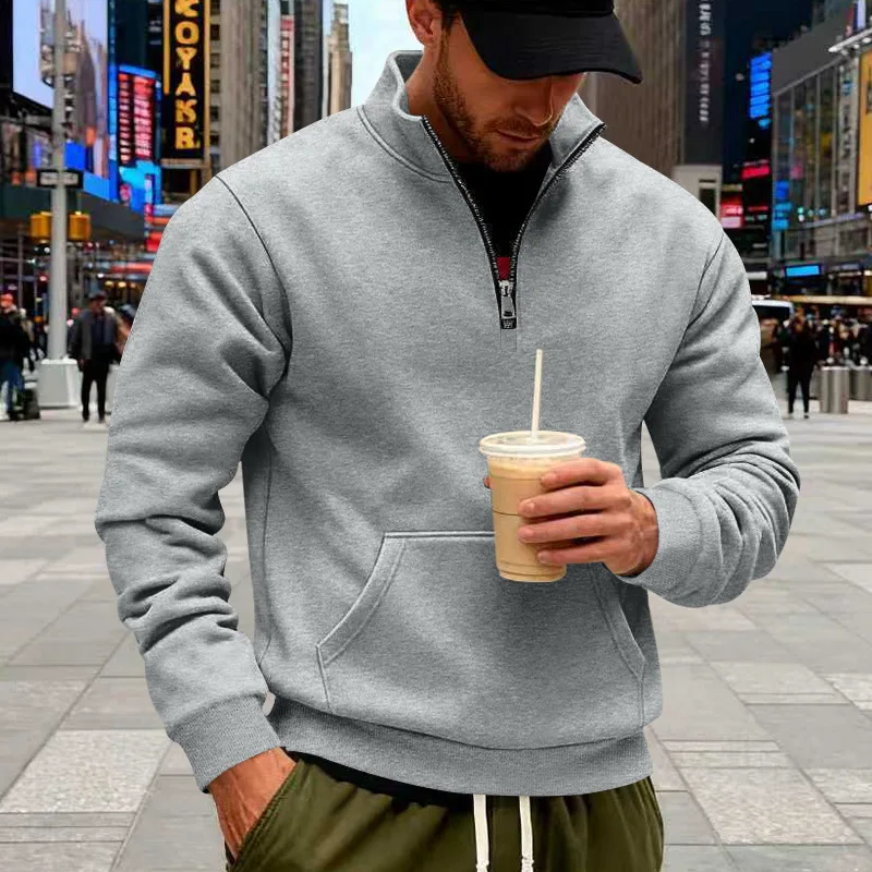 Grenzübergreifender Herbst- und Winter-Samt-Pullover für Herren, locker geschnitten, im Retro-Stil, lässig, mit Stehkragen, halbem Reißverschluss und Taschen für Pendler. – Detail 30