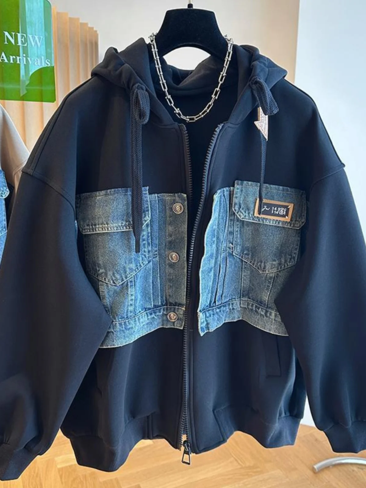 

plus Size 300 Pou Casual Versatile Denim Patchwork Zipper Sweatirt Men's Spring Autumn Loose Hooded Slimming Top