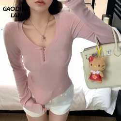 GAODINGLAN Autumn Winter Long Sleeve Button U Neck Women Tops Slim Tight Sexy Crop T-shirts Female Solid Color Bottom Tees Inner