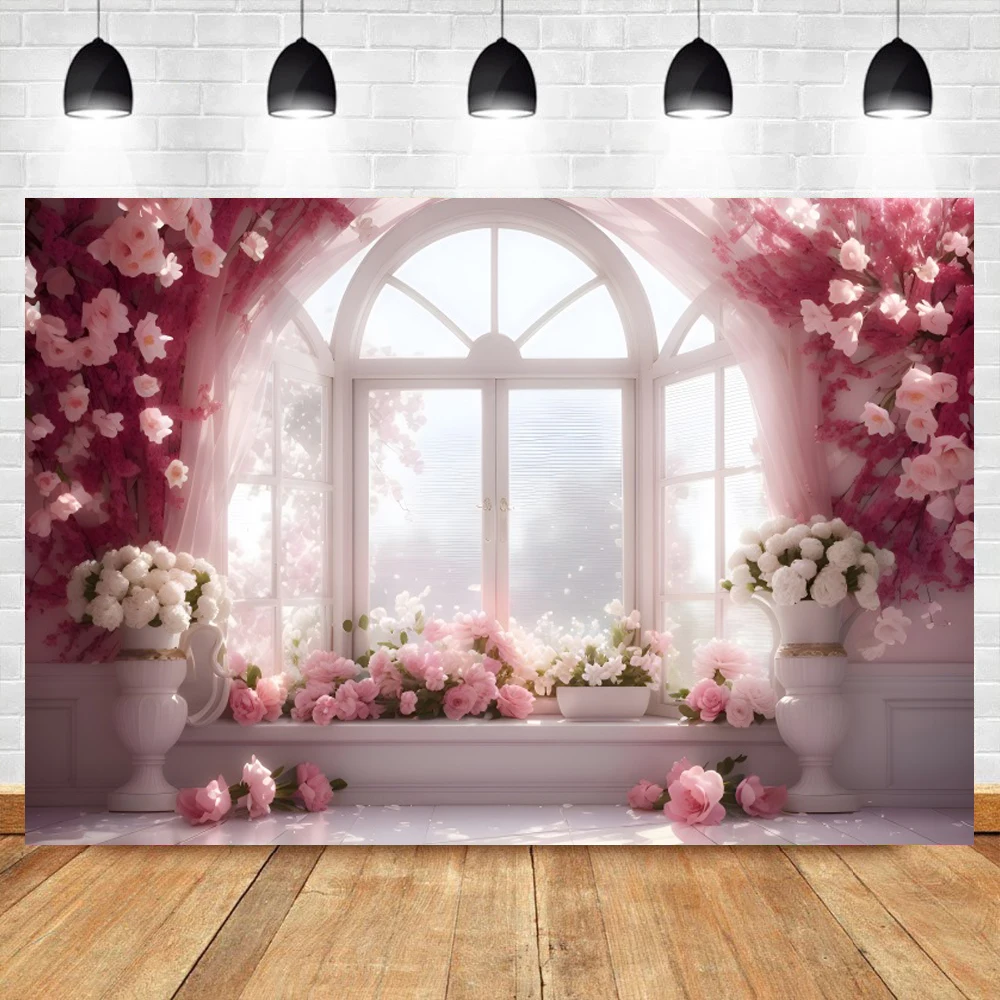 Pink Flowers Garden Arched Floor-To-Ceiling Windows Valentine\'s Day Photography Background Baby Girls Portrait Indoor Backdrop