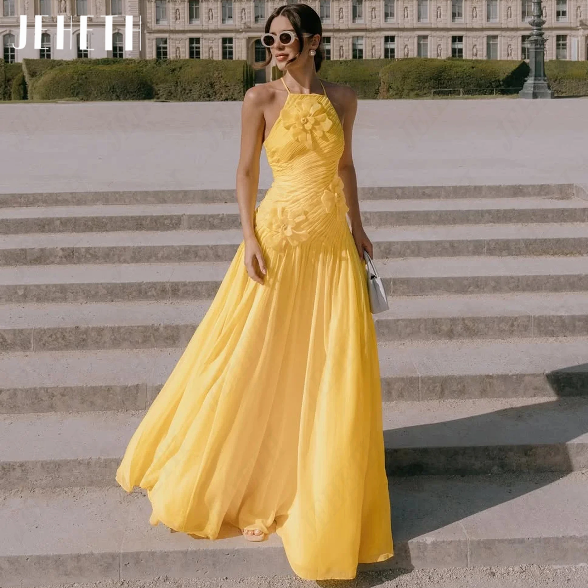 

JEHETH Customized Floral Chiffon Prom Gown Pleated A Line Beach Formal Dresses For Women Chic Halter Party Gowns robe de soiree