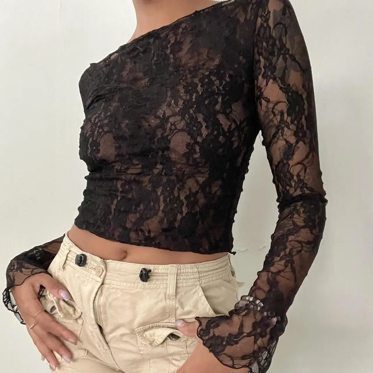 Combhasaki Womens Y2K Vintage Off-Shoulder Crop Tops See-Through Floral Lace Long Sleeve Sheer T-Shirt Pullovers Club Streetwear