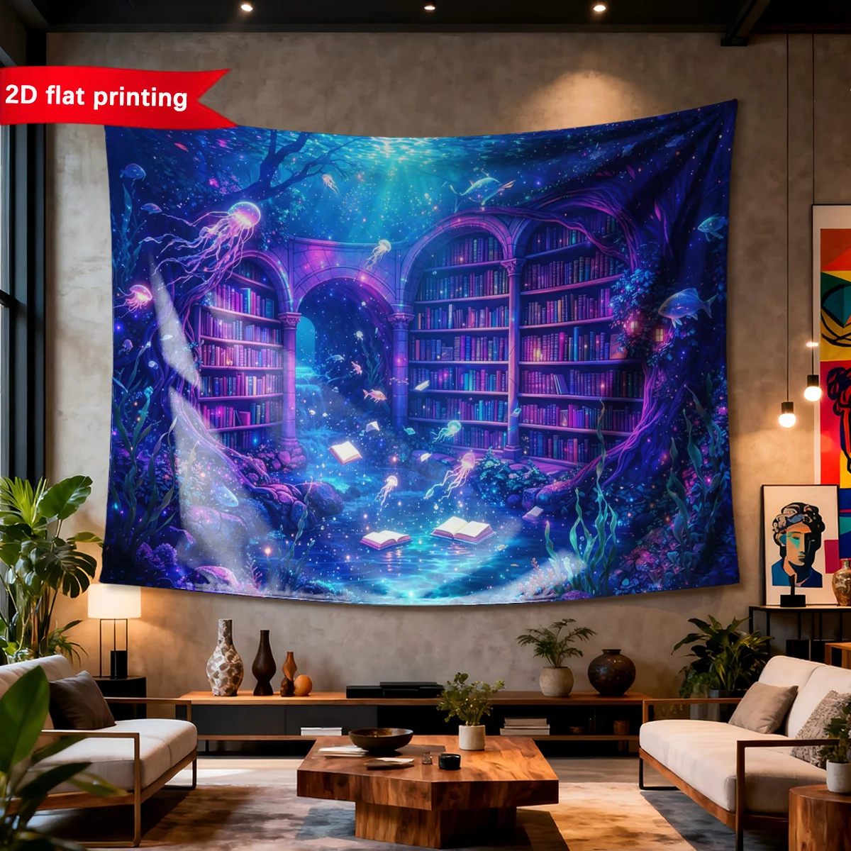Luxury Ocean Fantasy Tapestry Wall Hanging Blue Deep Sea Cosmic Galaxy Art Decorative Bedroom Living Room Decor Sci Fi Library P