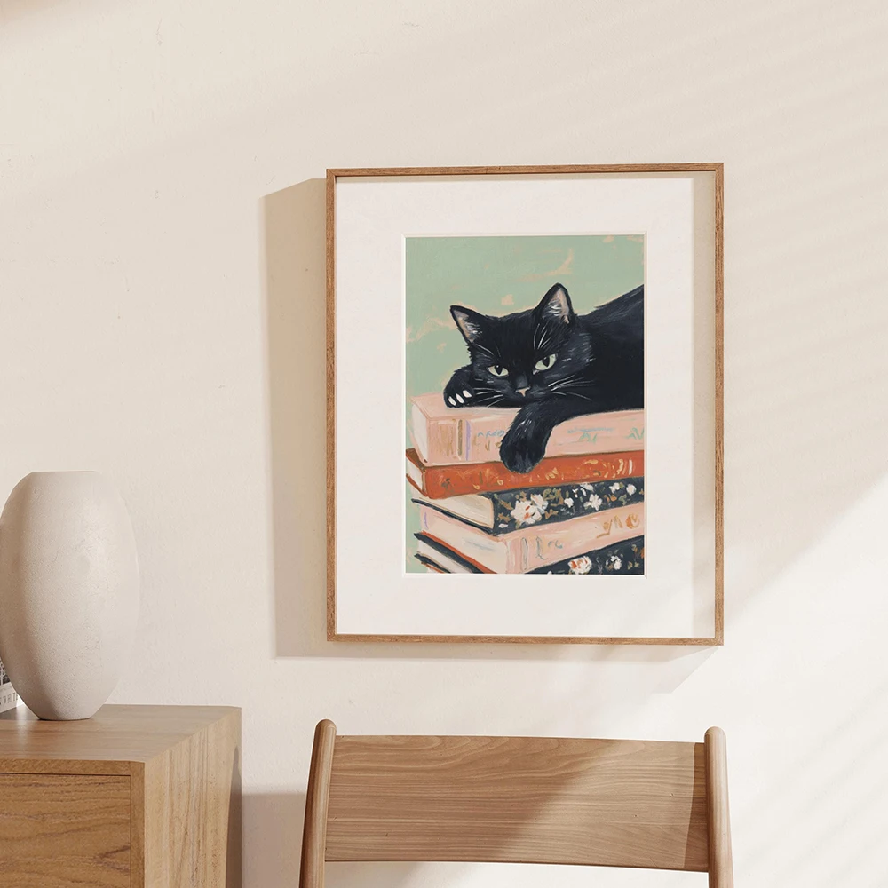 Black Cat Book Lover Poster Wall Art Print Canvas Painting Stack of Books Print Bookworm Art Pictures For Living Room Apartment