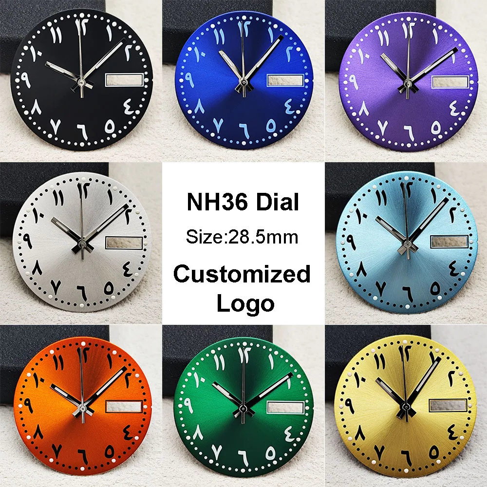 

Новые мужские часы с арабским циферблатом NH36, индивидуальный логотип, циферблат 28,5 мм, зеленый светящийся циферблат, подходит для аксессуаров для часов с механизмом NH36