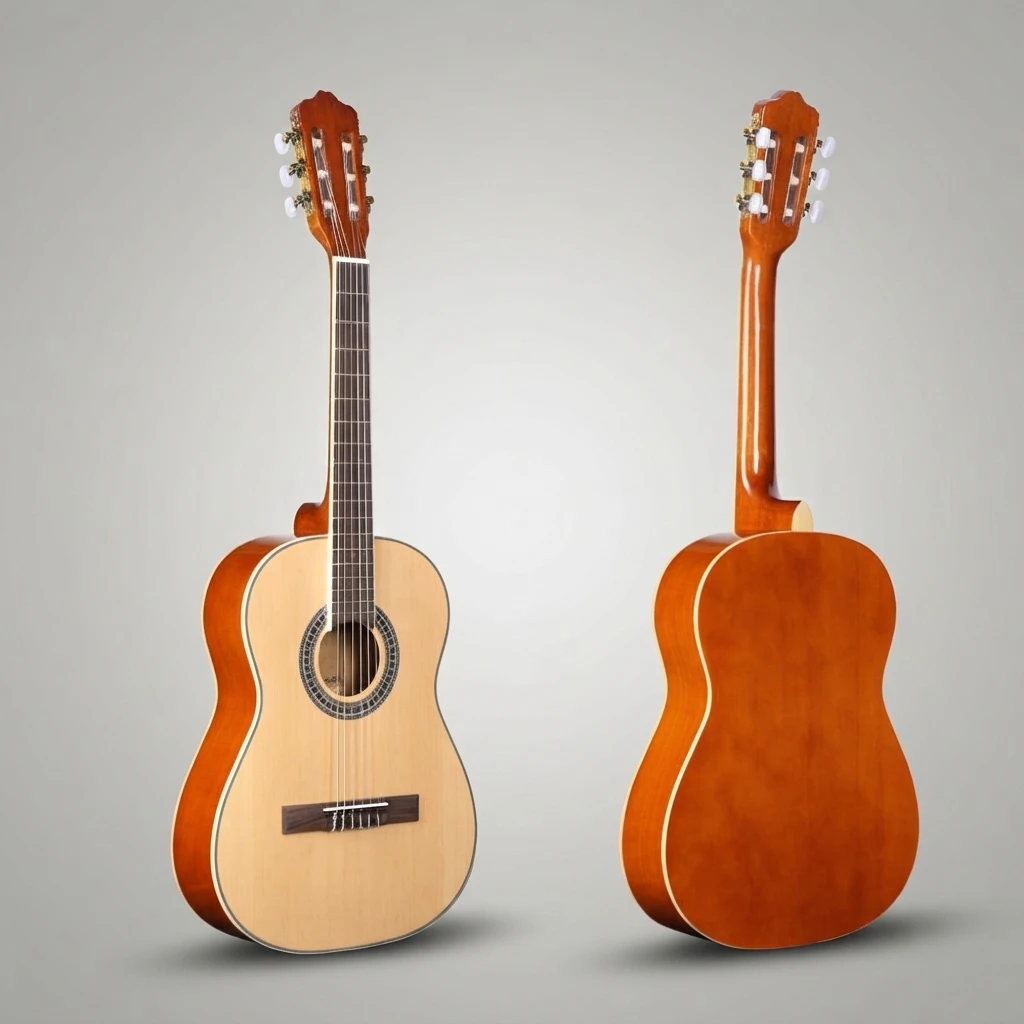 Beginner Friendly Classical Nylon Guitar, Natural Top Orange Back, Slotted Headstock, White Tuners, Wide Neck for Beginners