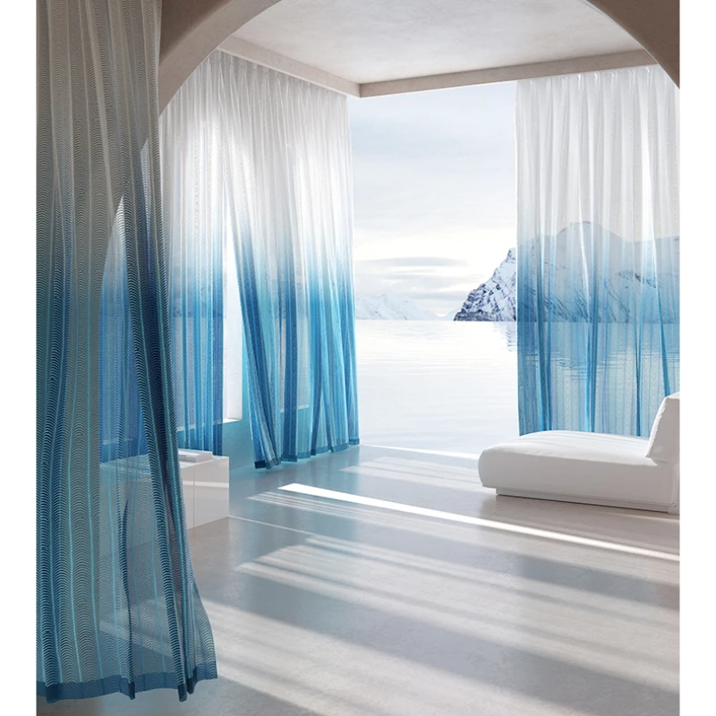 Fantasy Gradient Blue White Tulle Sheer Curtains for Living Room Bedroom Dining Thermal Insulation Sunscreen White Tulle Window