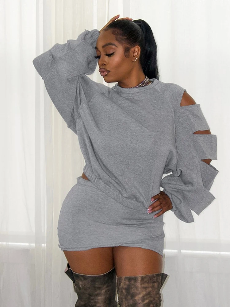 Nibber ストレッチ 2 点セット女性ベーシッククラシック中空 O ネックフルスリーブ Tシャツ + クロススカートスキニーカジュアルトレンドストリートウェア