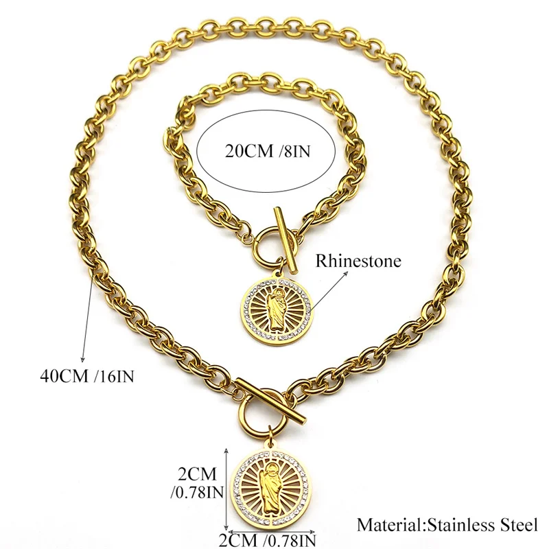 San Judas Tadeo Jewelry Set for Men Women Stainless Steel Crystal Saint Jude Thaddeus Religions Necklace Bracelets Sets ZZZ457