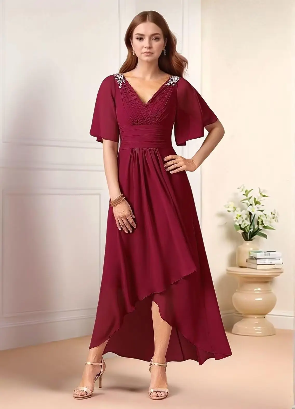 

Chiffon Mother of The Bride Dresses Short Sleeves Wedding Guest Dress V Neck Pleated Evening Gown