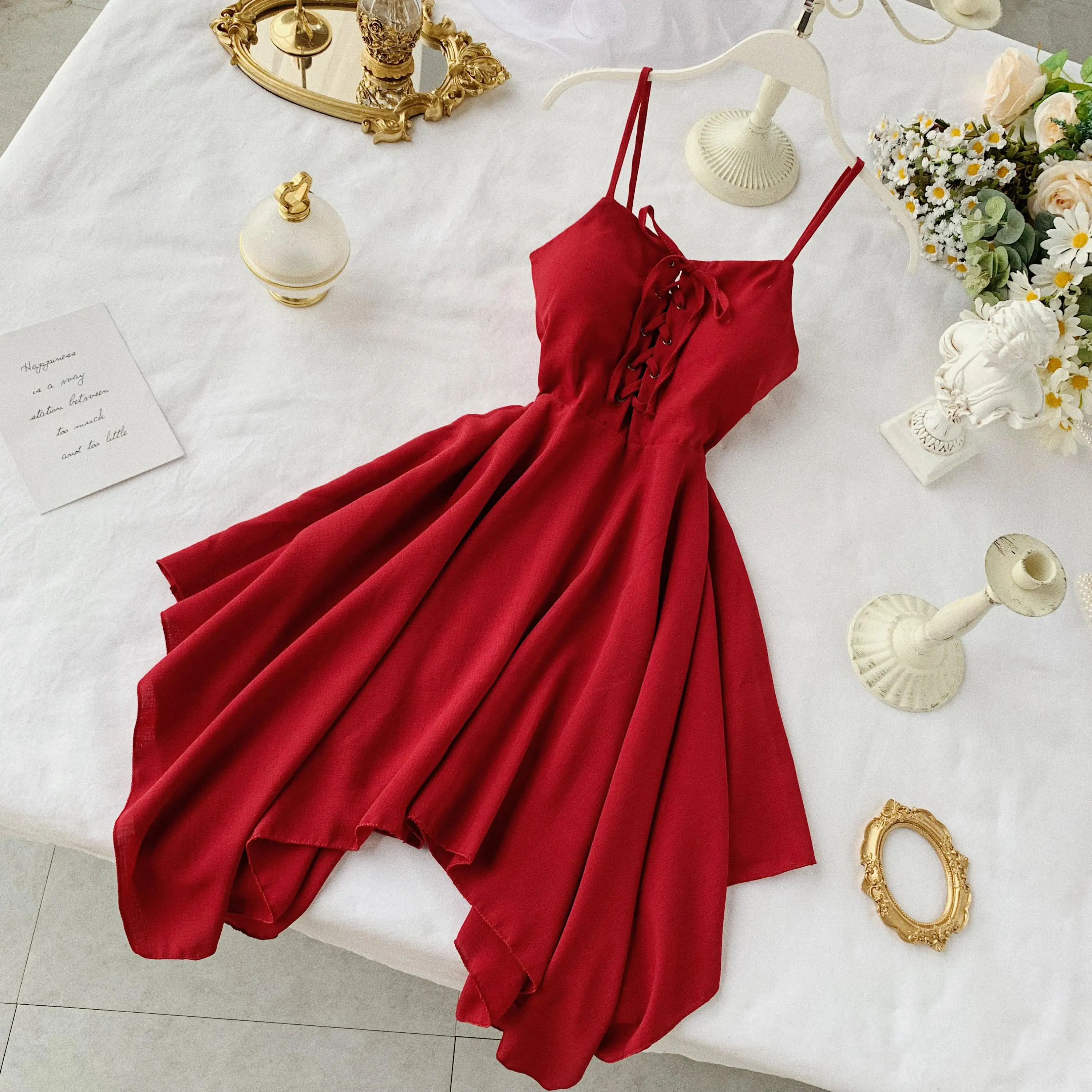 Zcwxm abiti Sexy con cinturino per le donne estate femminile scollo a V senza maniche abito a vita alta Ladys Sash Tie Up Dress