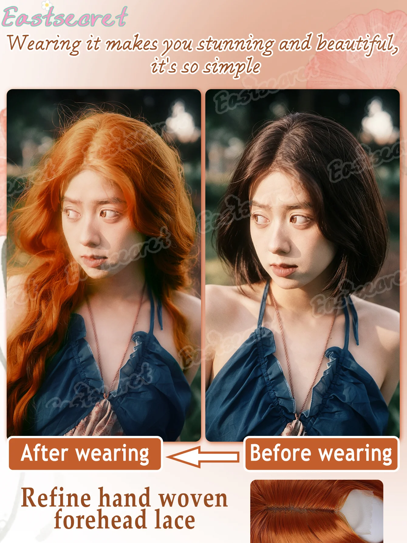 30 Inch Synthetic Head Set Orange Forehead lace wig Long Curly Hair Looking for Daily Party Cosplay Halloween and Christmas Use