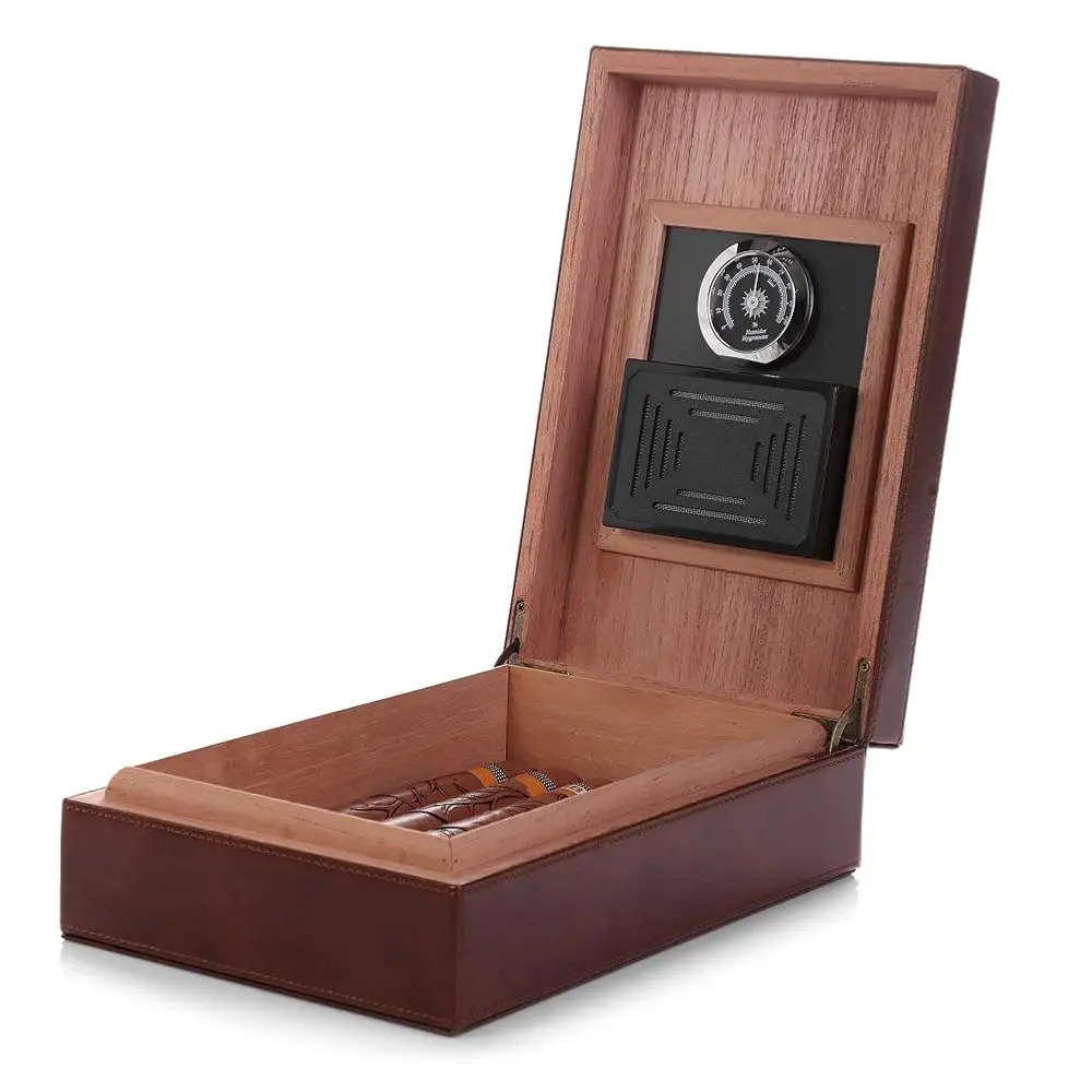 

Cedar Cigar Humidor, Leather Surface Handmade Real Solid Spanish Cedar Wood Lined Cigar Desktop Box with Hygrometer and Humi