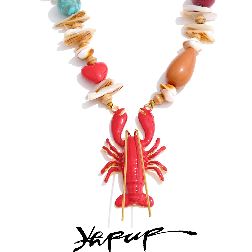 Yhpup attrayant Unique océan coquille pierre à la main homard écrevisse pendentif collier été charme collier déclaration PVD bijoux