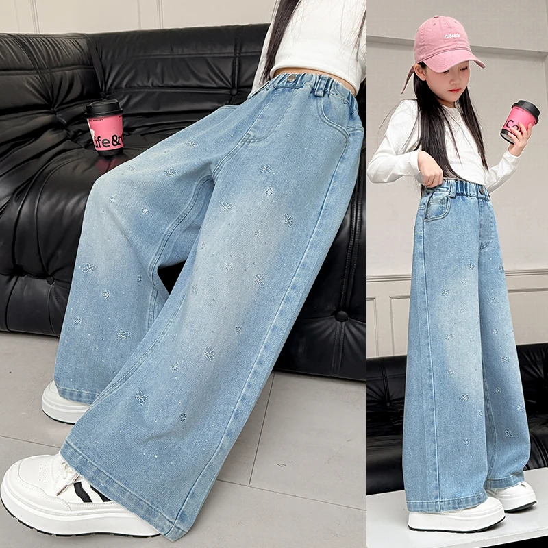 

2026 New Spring Autumn Kid's Jeans with Shinny Decoration Girls Loose Straight Trousers Baby Girl Thin Style Denim Pants 4-14Y