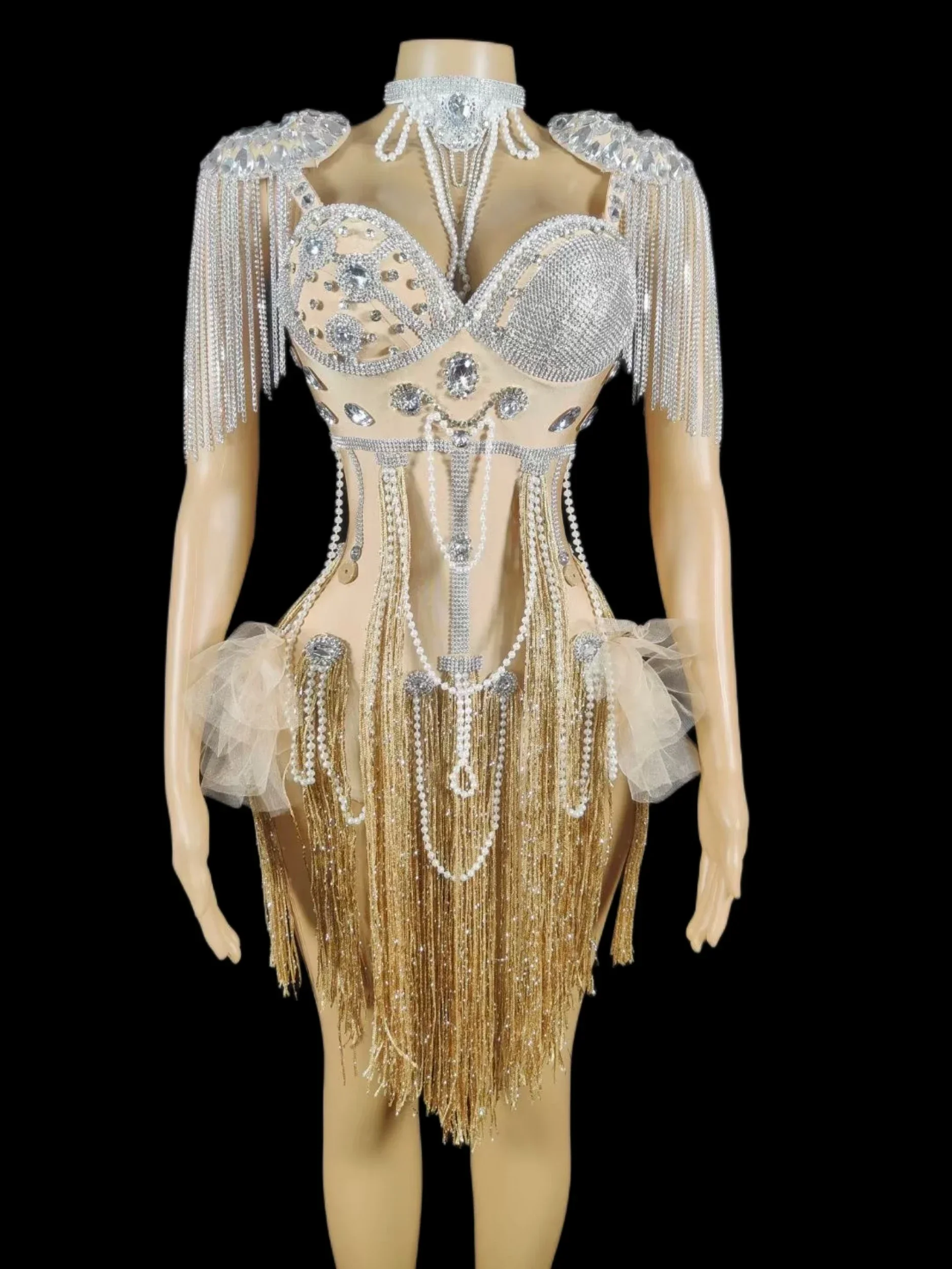 

Birthday Sparkly Pearl Drill Tassel Women Crystals Rhinestone Bodysuits Stage Singer Wear Performance Costume Drag Queen Outfit