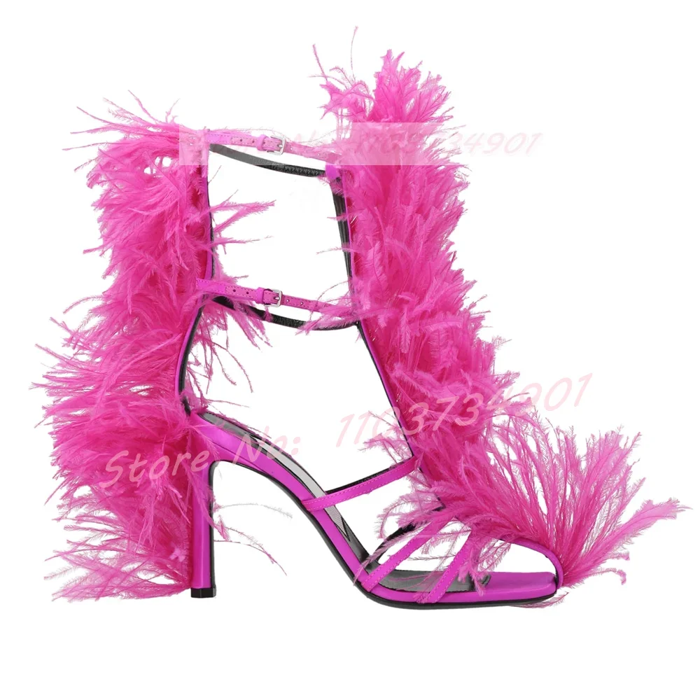 Fluffy Feather Square Toe Sandals Women Party Buckle Strap Stiletto High Heels Shoes Female Sweet Elegant Rose Red Sandals