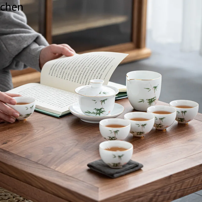 H1 ceramic hand-painted kung fu tea set - ceramic home tea brewing set with teapot, gaiwan, minimalist design for office use