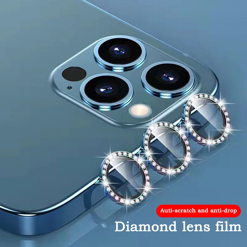 Rhinestones Camera Lens For iPhone 14 15 11 13 Pro Max 13mini 12pro max Diamond Glitter Metal Ring Lens Glass For iPhone 15 plus