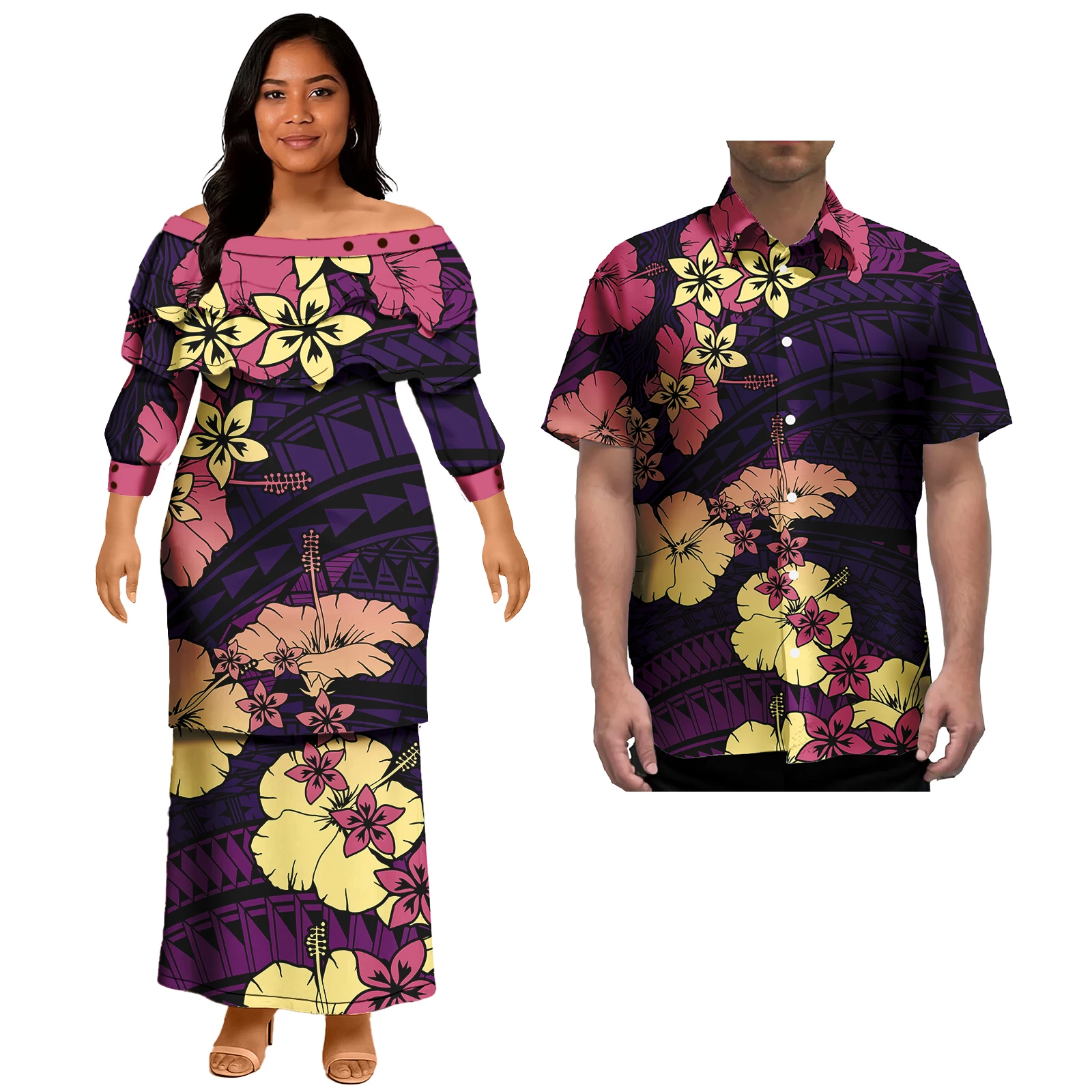 Polynesian Puletasi Ruffles ผู้หญิงเลดี้ Elegant เซ็กซี่ชุดลําลองและชายเสื้อชุดคู่เสื้อผ้า