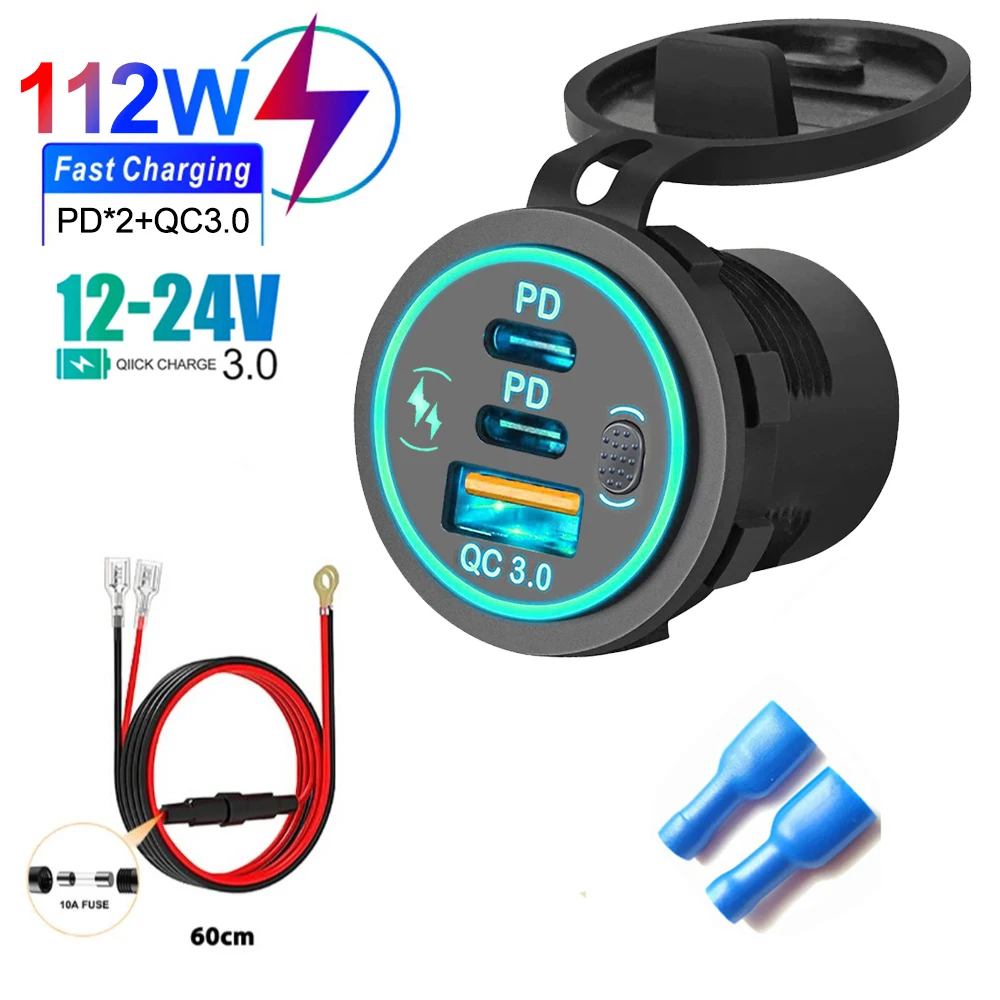 3 Poorten Quick Charge Dual PD & QC 3.0 112 W Diafragma Autolader Outlet Socket Voor 12 V 24 V motorfiets Boot Marine Truck ATV