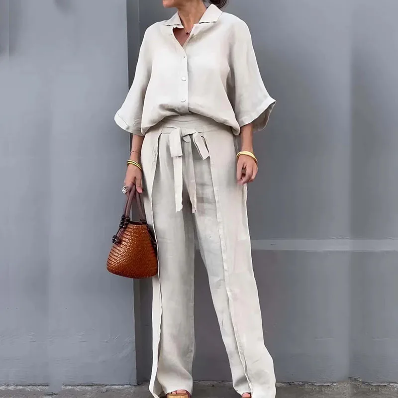 

Casual Cotton Linen Summer Set Women's Lapel Button Up Shirt + Long Pants Suit Elegant Solid Color Irregular Patchwork Outfits