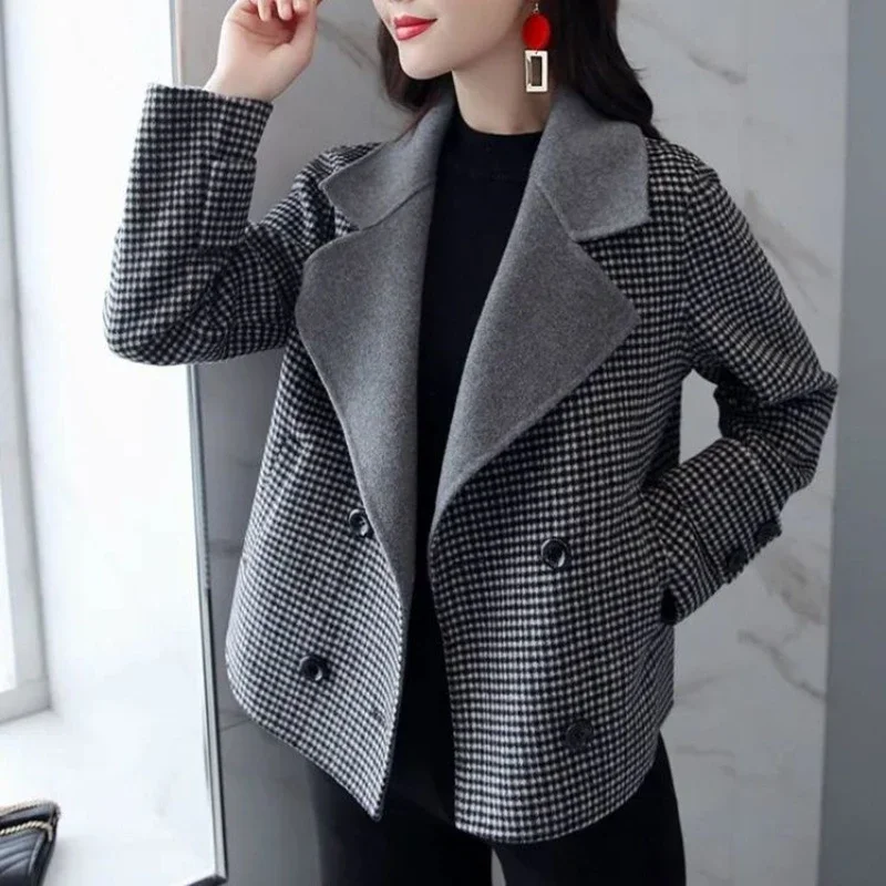 2024 Autumn New Check Plaid Wool & Blend Women\'s Blazers Tweed Clothing Female Coats and Jackets Gray Outerwear Tailoring In