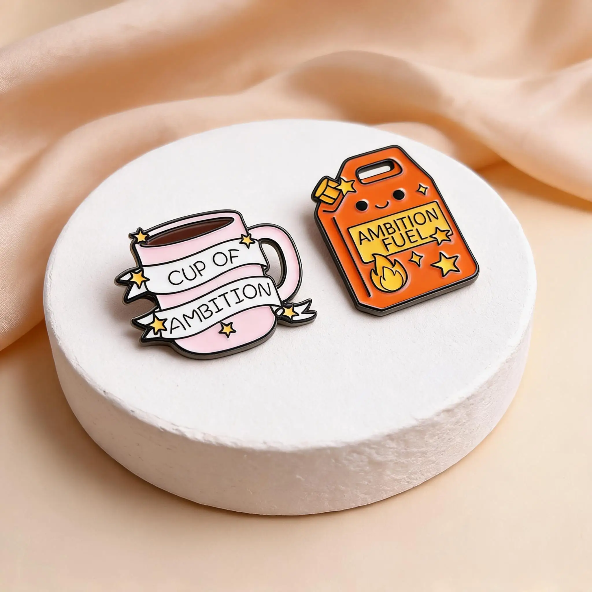 Lot de 2 épingles en émail sur le thème de l'ambition, mignonnes, avec des motifs de réservoir de carburant orange et de tasse à café rose, broches à message inspirant, cadeaux pour amis