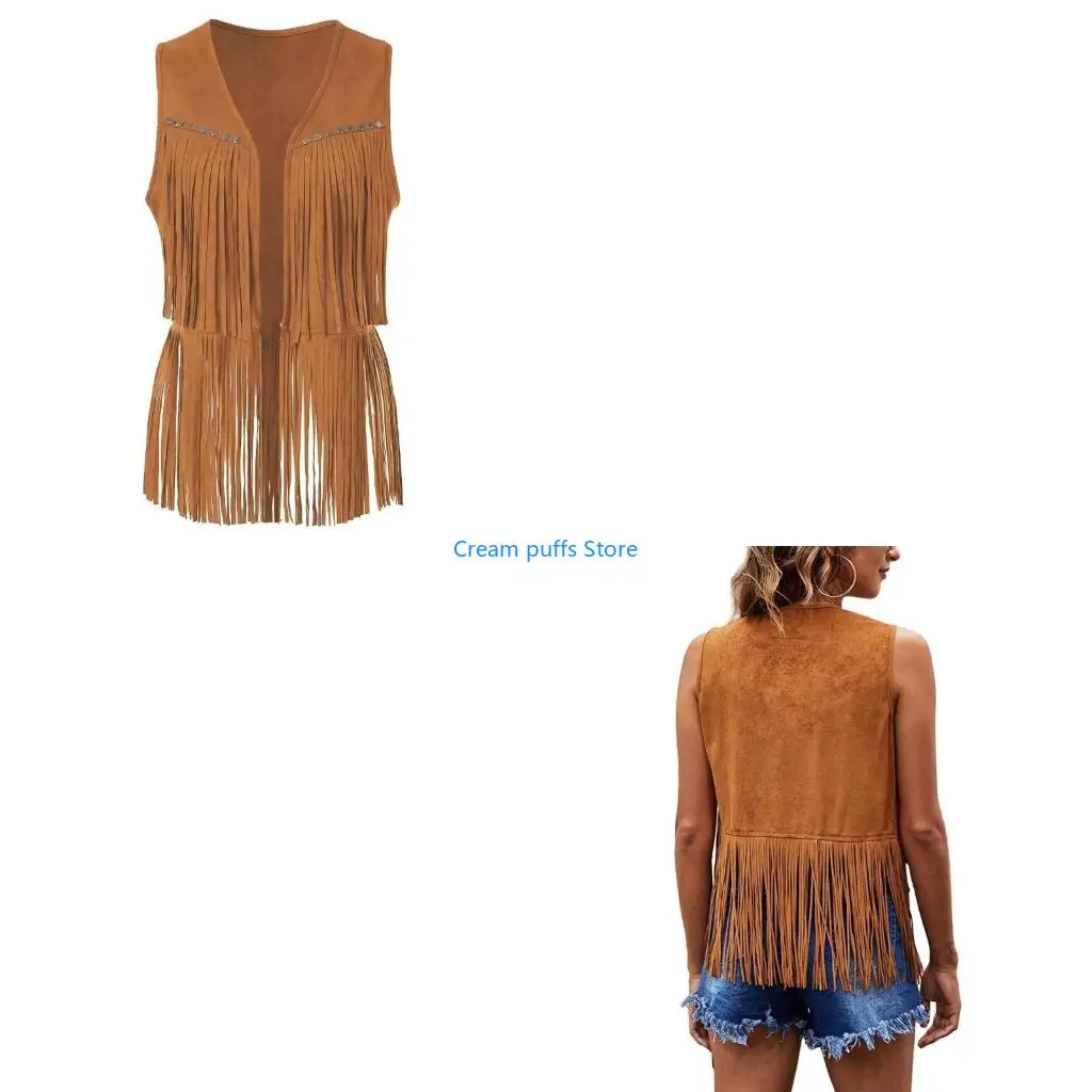 

50LE Women's Tassels Sleeveless Vest 70s Hippie Faux Suedes Fringe Jackets Cardigan Summer Hollow Waistcoat Outwear Tops